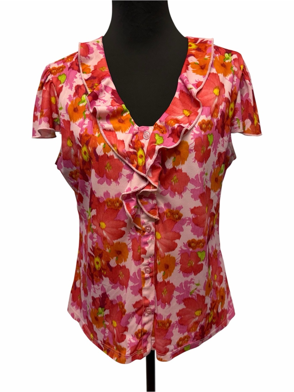 Notations XL Pink Orange Floral Ruffle Button Front Short Sleeve Blouse